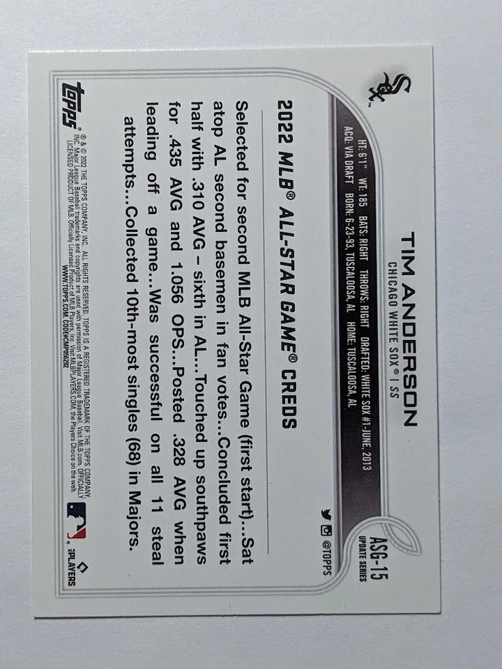 2022 Topps Update Series TIM ANDERSON All Star Game WHITE SOX #ASG-15 - Image 2 of 2