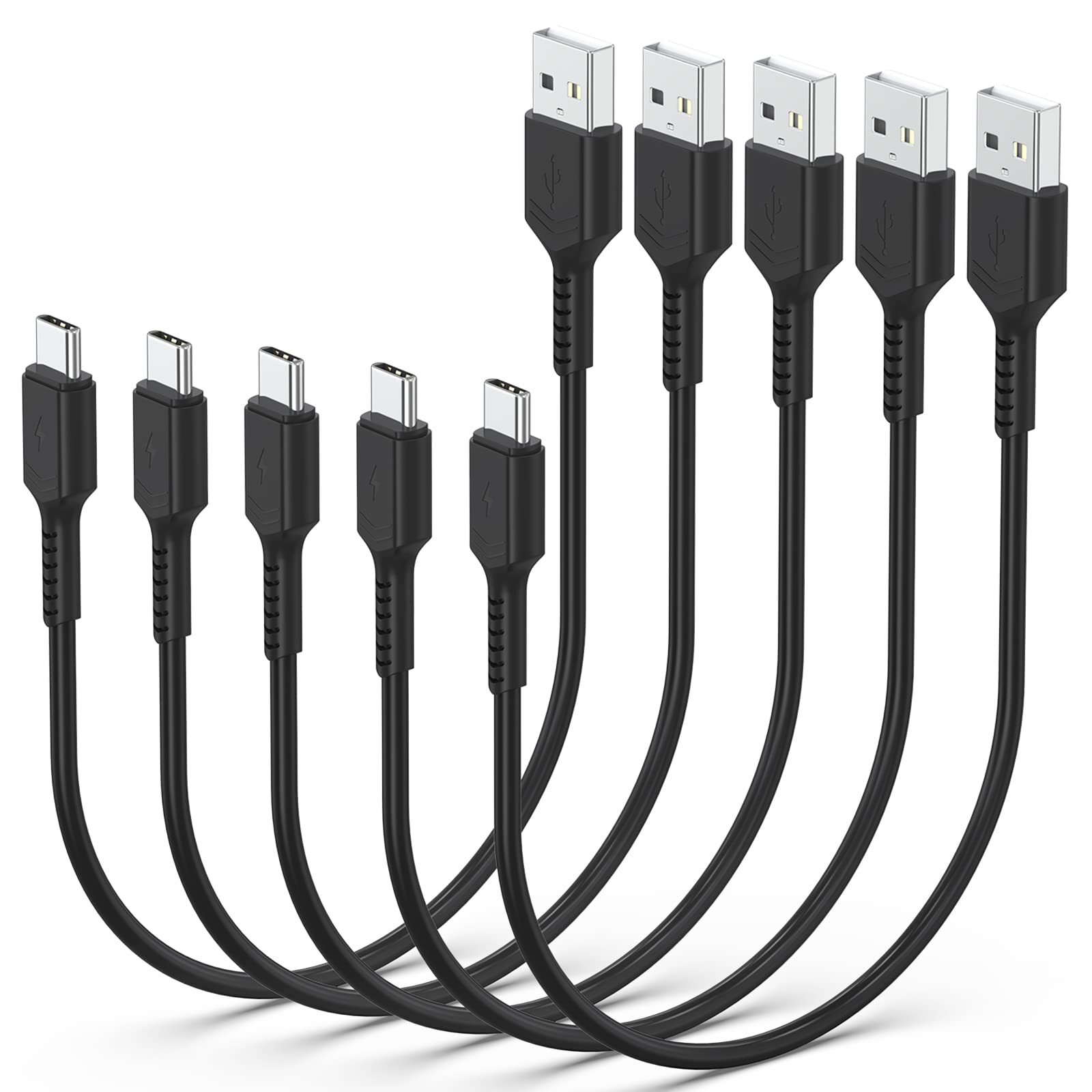 1ft USB C to USB A Fast Charging Cable 5-Pack Durable Short Cables
