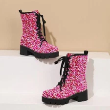 Womens Glitter Sequin Club motor Bootie Shoes block Heel Lace Up Ankle Boots Sz