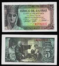 NICE 5 Peseta BANKNOTE from 1943, Isabella the Catholic. Series H. No. 1992137.