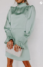 Impressions Dress Womens M Green Long Sleeve Smocked Neck Cuff Ruffle Mini NEW