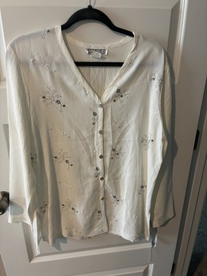 Studio C Gauze Floral Embroidered Button Down Cream Colored Blouse Large