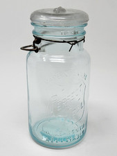 MADE IN CANADA PERFECT SEAL BLUE Wide Mouth #2 Jar Quart Clear glass lid wire