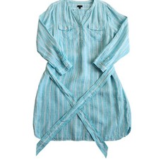 Talbots Linen Shirt Dress Women's XL Petite Blue Pockets Button Down Striped