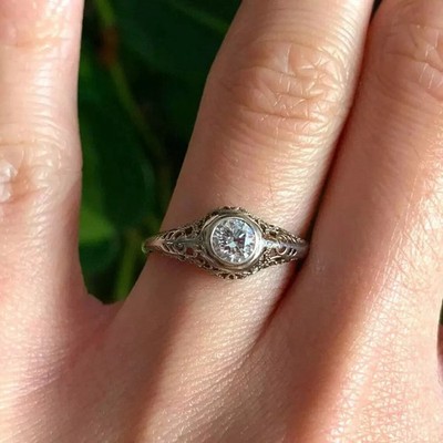 Art Deco Vintage Lab Created Diamond 14K White Gold FN Filigree Engagement Ring