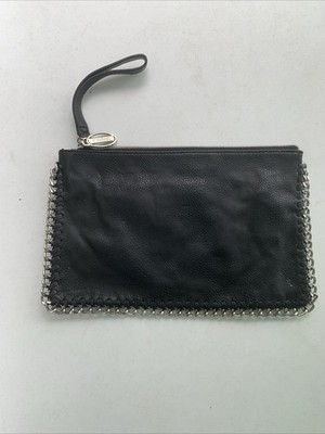 Carlos Santana Black Soft Leather & Silver Chain Edge Clutch Wristlet Retro 
