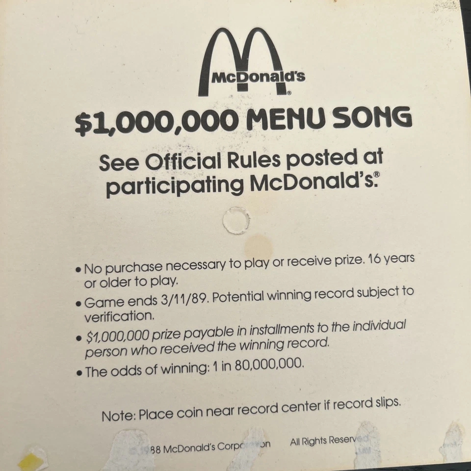 33RPM MCDONALDS COLLECTABLE 5" FLEXI DISC RECORD  $1,000,000 CONTEST. - Image 4 of 4