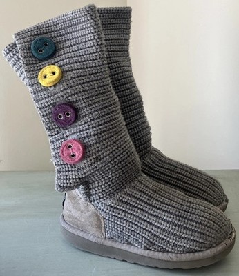 UGG Australia SZ 1 Girls Kids Cardy Gray Knit Button Boots 5649
