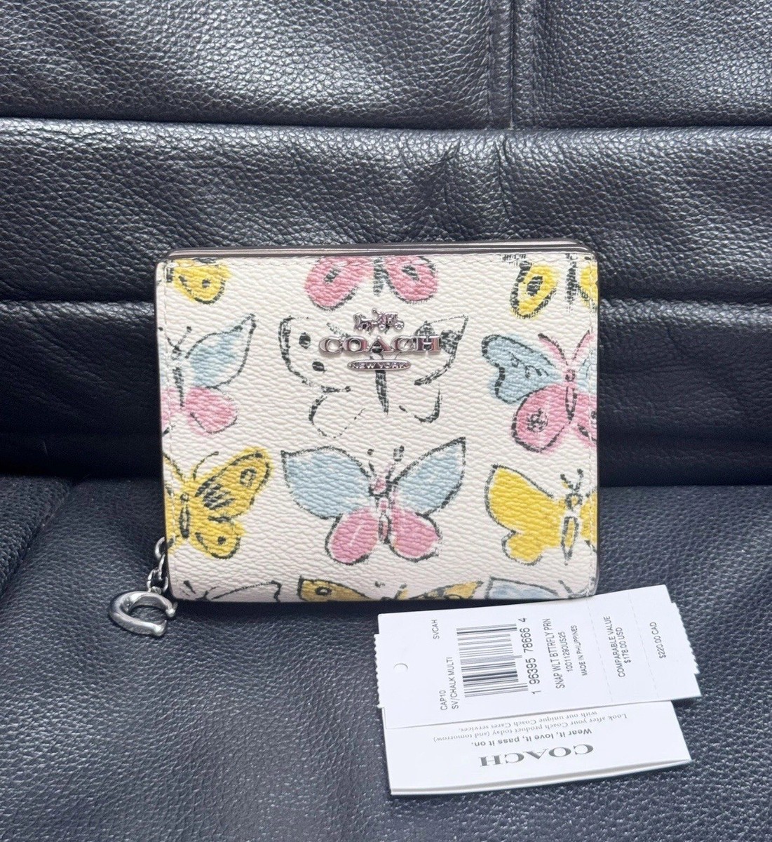 NWT COACH Lovely Butterfly Print Zip Corner Wristlet midnight Blue