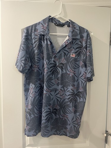 Travis Mathew Men’s Polo Shirt Large, Hawaiian Print Blue Preowned