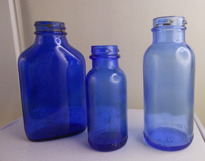Vintage Lot (3) Cobalt Blue Glass Milk Of Magnesia Tablets & Bromo Bottles