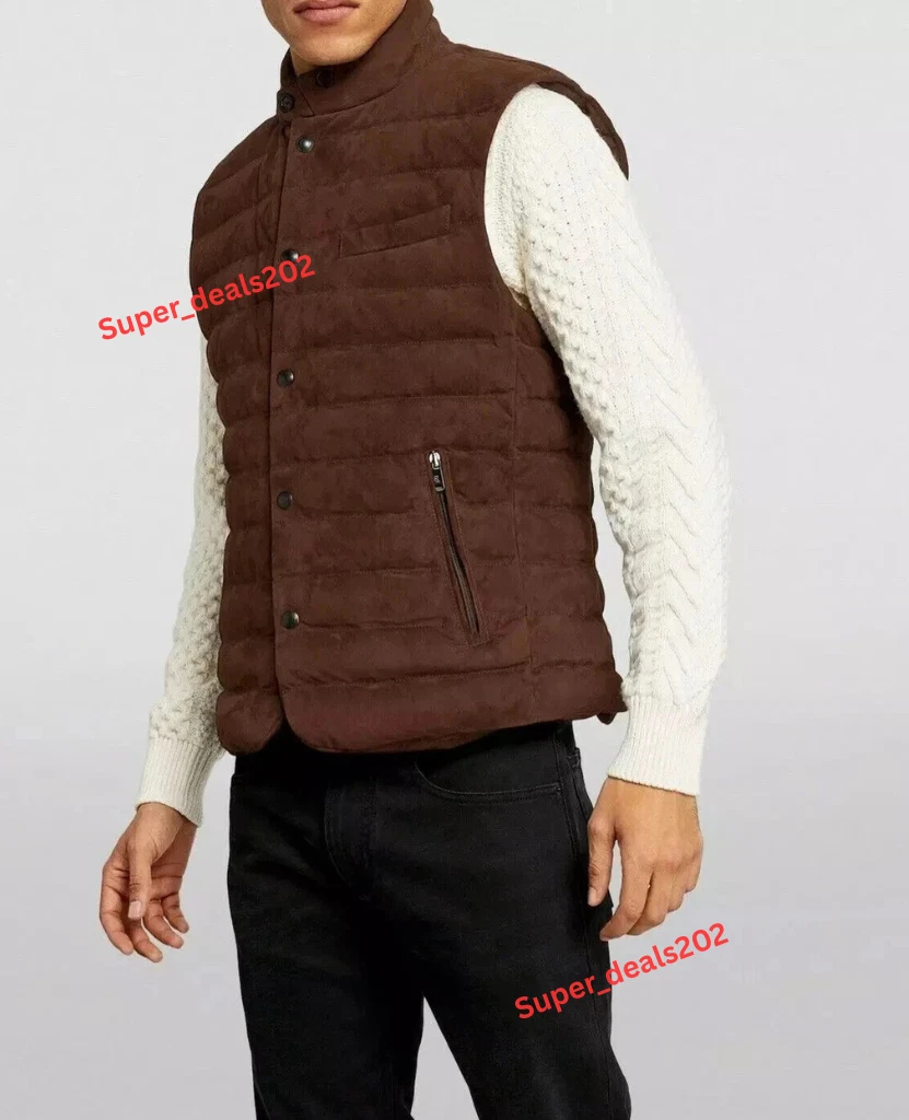 Mens Brown Lambskin Leather Quilted Suede Puffer Vest Handmade Waist Coat Outfit
