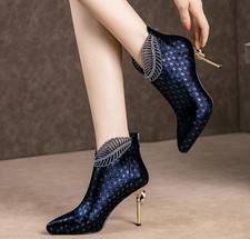 Scarpe donna moda a punta stivaletti stiletto zip strass pelle