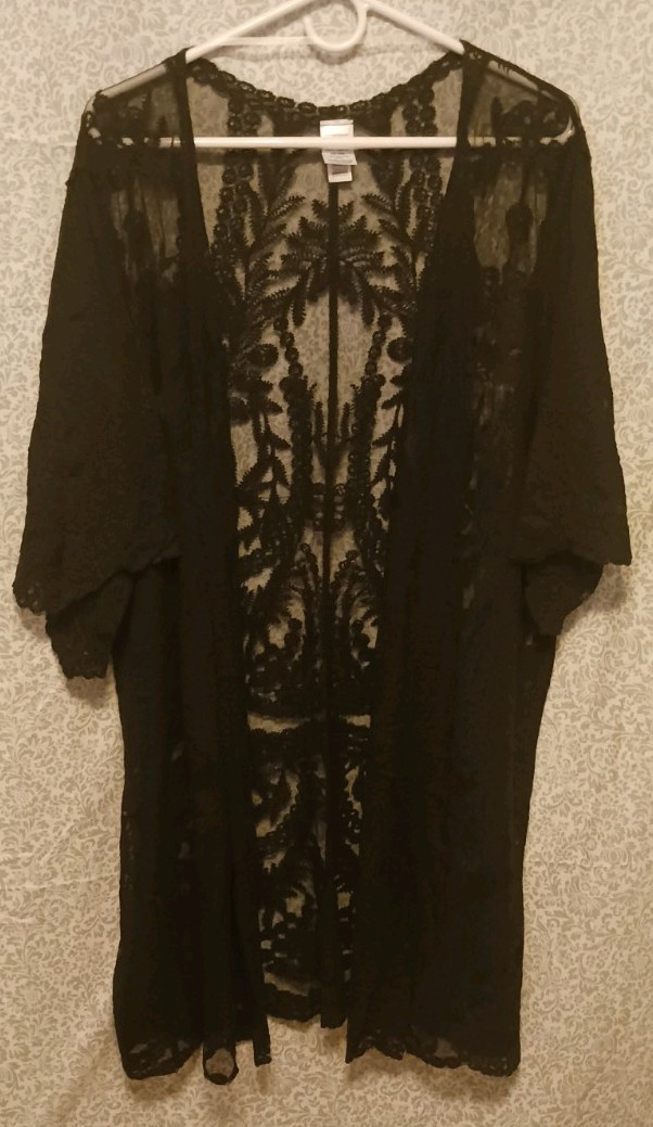 Time And Tru Black Floral Sheer Lace Open Front Kimono 3/4 Sleeve XXL-XXXL