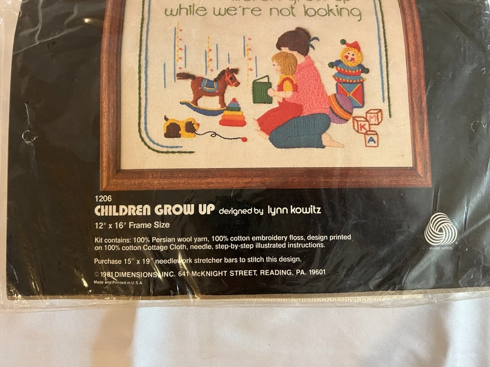 VTG 1981 NOS Dimensions Crewel Embroidery Kit Children Grow Up 1206 12"x16" USA - Image 2 of 3