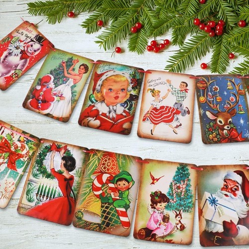 Banner de Navidad estilo vintage, banderín tradicional victoriano X-Mas - Imagen 4 de 11