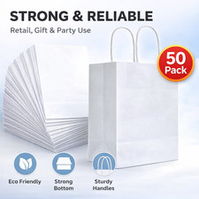 50 Pack White Kraft Paper Bags with Handles 8x4.75x10 Gift Retail Shopping