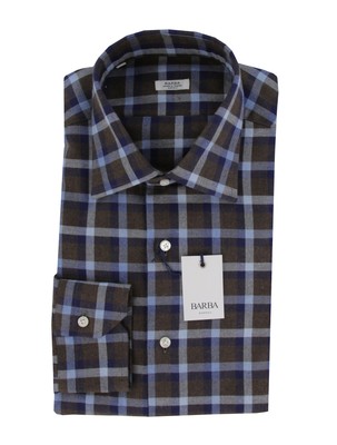 $350 Barba Napoli Dark Brown Plaid Cotton Shirt - Slim - (BN820246)