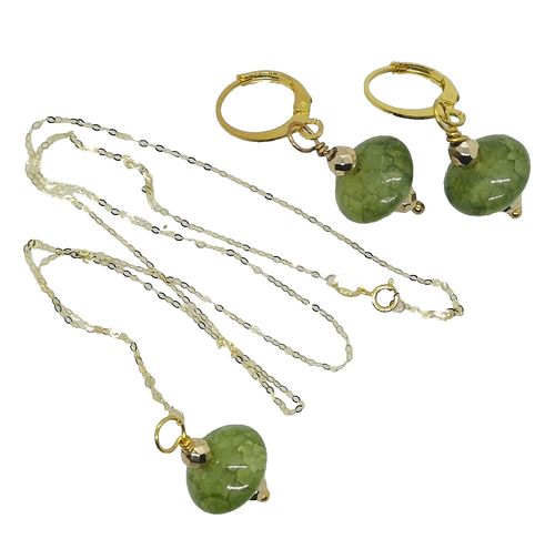Set Green Veins Agate 9K Chain Necklace, Gold plated Dangles Earrings (538H) - Picture 11 of 14