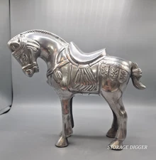 Vintage Chinese War Horse Sculpture Polished Aluminum Asian Statue Decor