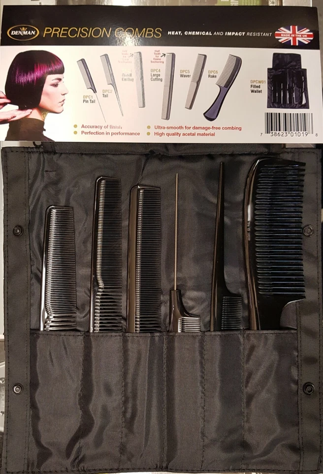 Set Completo De 6 Peines Denman En Un Estuche/Cartera/Sostenedor *NEGRO* - Imagen 1 de 2
