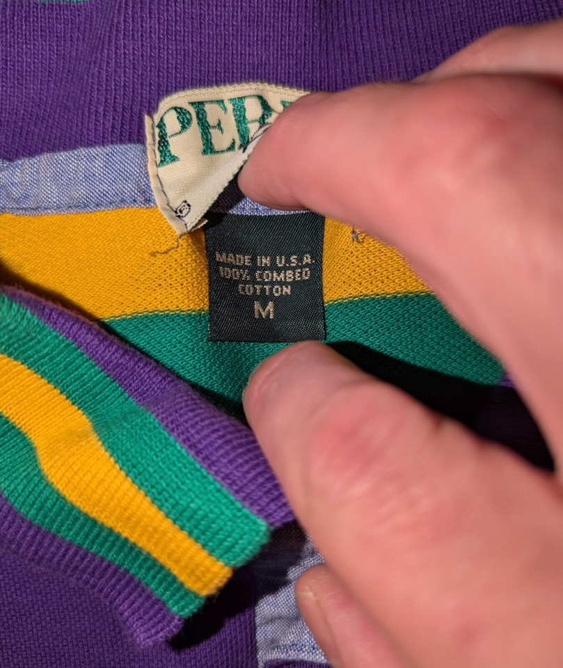 Vintage Perlis Crawfish New Orleans Stripe Mardi Gras Mens M Polo Shirt USA Made eBay