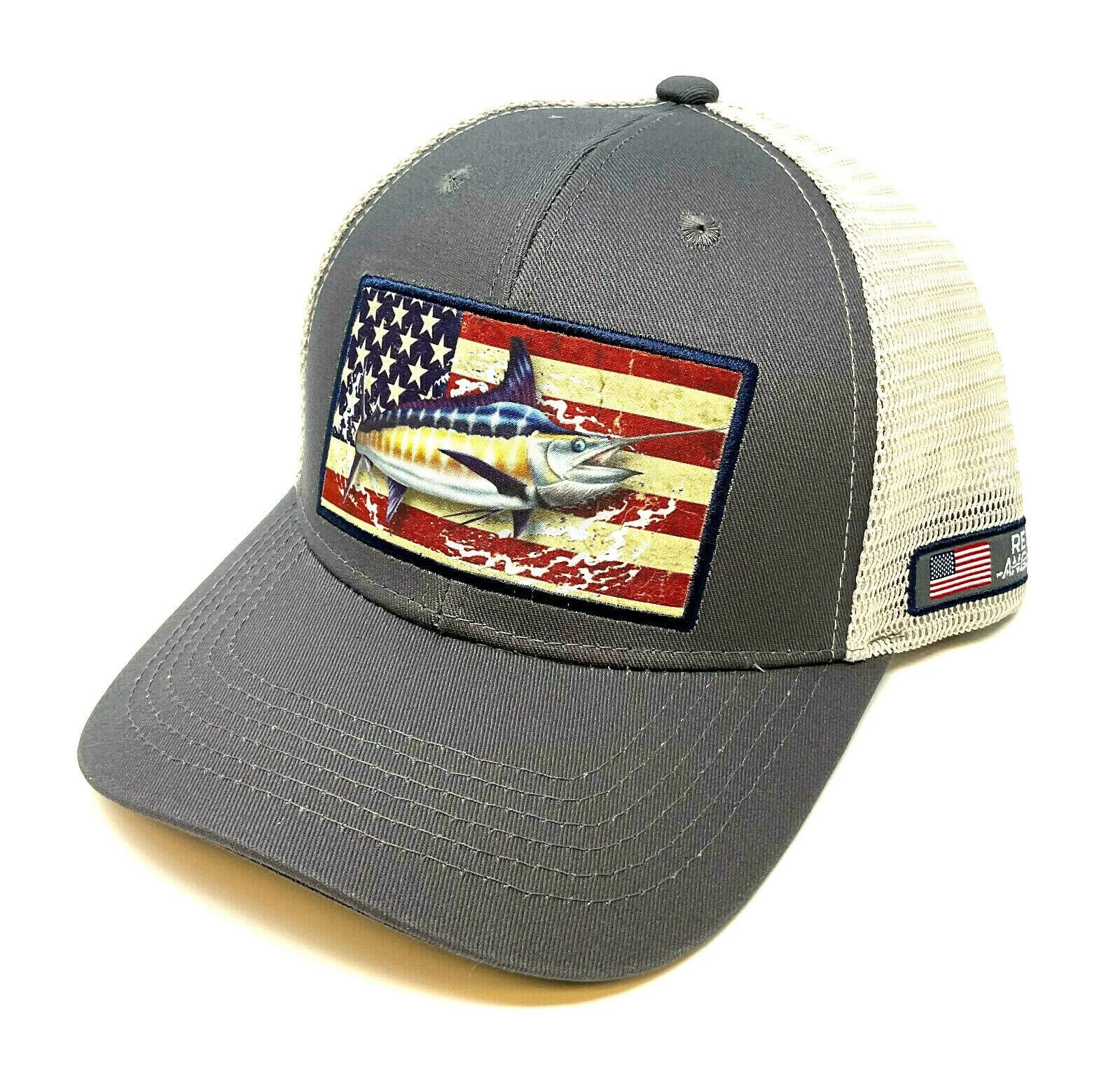 MARLIN GREY USA AMERICAN FLAG FISHING CURVED BILL MESH TRUCKER SNAPBACK HAT CAP