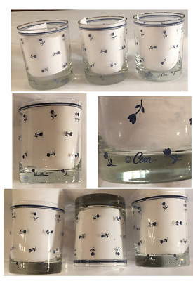 VINTAGE Cera Whisky Glasses  12 oz. BLUE FLOWERS 3-Piece Set EXCELLENT