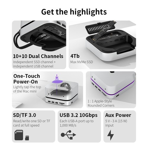 For Mac Mini M4 M.2 NVMe SSD 4TB Max 10Gbps USB-A Ports SD&TF USB Splitter Dock - Photo 14/16