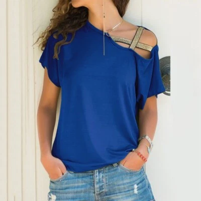  Damen Sexy schulterfrei Glitzer T-shirt Kurzarm Party Sommer Bluse Blau Gr.M - Bild 1 von 2