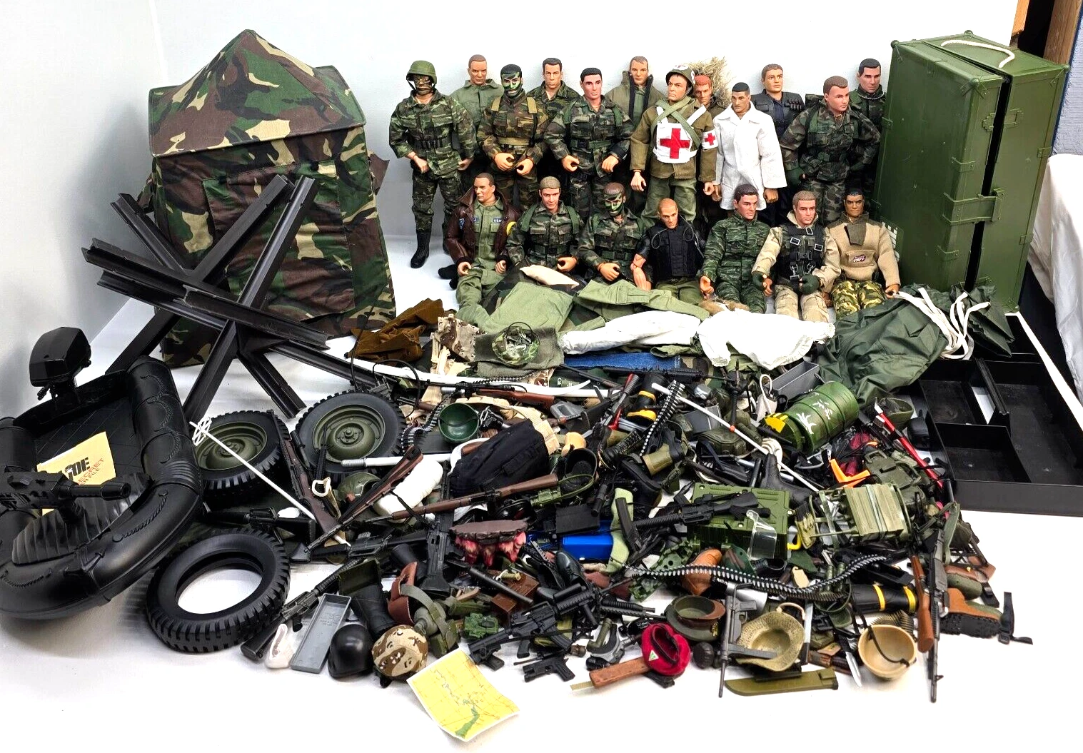  vintage military action figures weapons boat tent clothing chest 