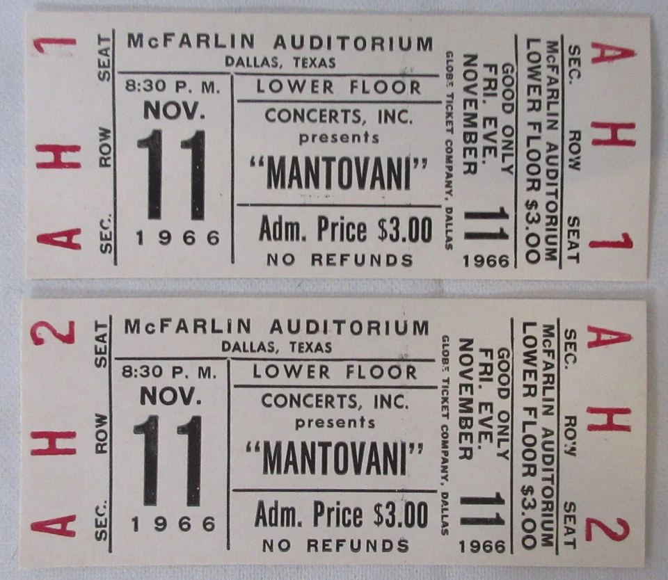 Preston State Bank Mantovani Ticket Stub McFarlin Auditorium Lower Floor 1966 - Image 4 of 4