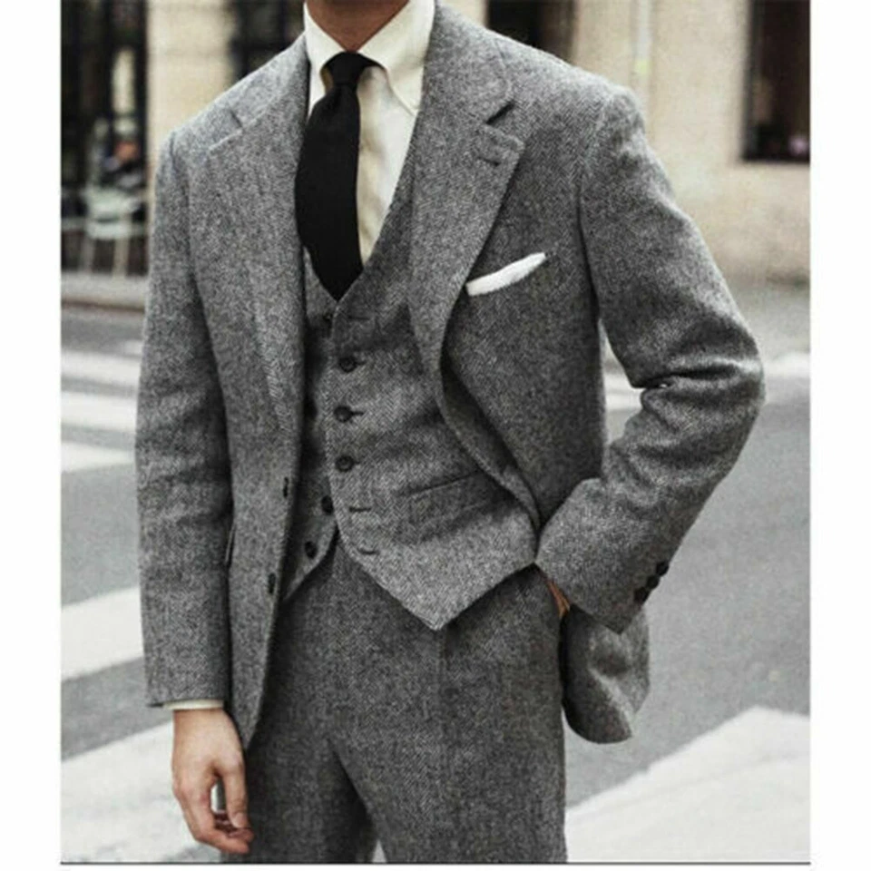 Gray Herringbone Men's Suits Wedding Groom Dinner Formal 3 Piece Tweed Tuxedos - Image 2 of 4