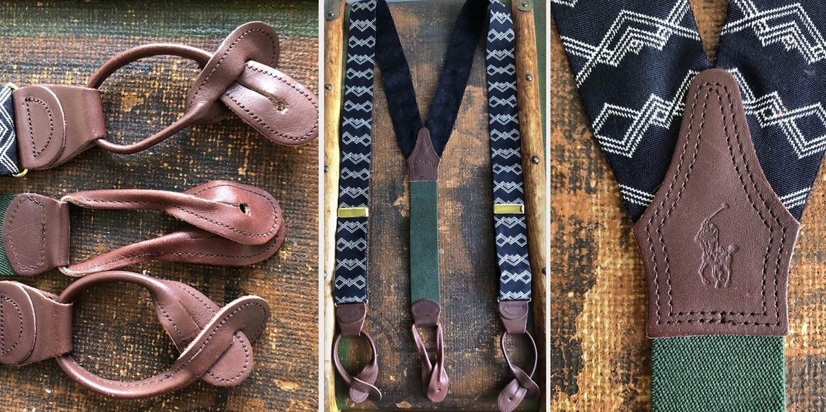 VTG POLO RALPH LAUREN SUSPENDERS BRACES DK BLUE WHITE GEO PATTERN 