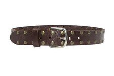 Belt 2 row round studs brass finish brown genuine leather made in usa