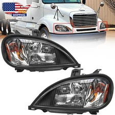 Pair of Headlights Headlamps W/ Bulb For Freightliner Columbia Black Housing