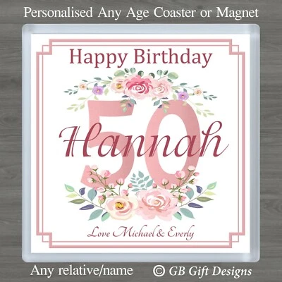GB GIFT DESIGNS Personalised Floral Birthday Coaster or magnet 18 21 30 40 50 60 70 Any Age Gift