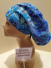 Paint Swirls (blue) Women's  Euro/Chef Surgical Scrub Hat/Cap Handmade