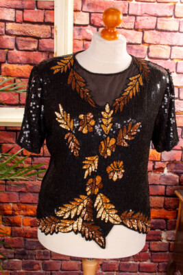 Vintage orig 80er 90er Pailletten Top Glitzer Abendmode schwarz