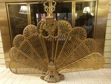 Vintage Ornate Brass Peacock Fireplace Fan Folding Screen Lady Art