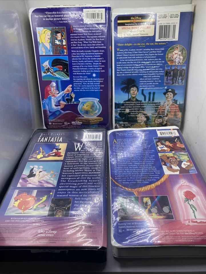 Disney VHS Assorted Lot of 4 Pinocchio,Fantasia, Mary Poppins, Beauty and Beast. - Image 2 of 4