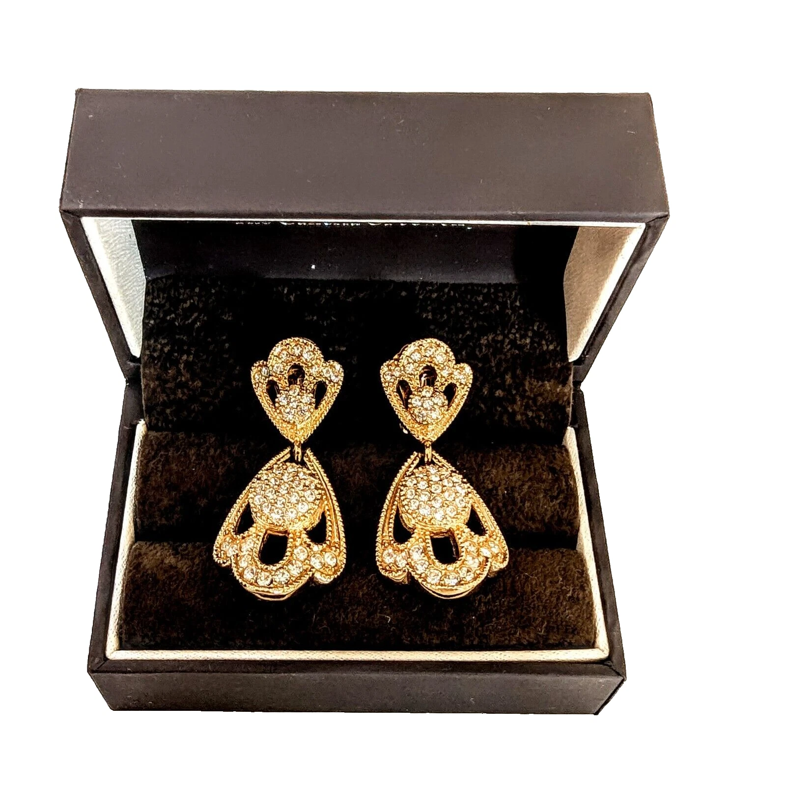 Boucles d'oreilles clips CHRISTIAN DIOR plaque dorée strass goutte vintage 1 3/4