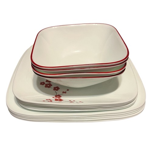 Corelle Vitrelle Hanami Gardens Red Flowers Square 14 Piece Set Plates Bowls