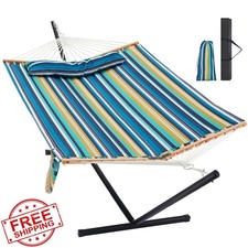 Homgava 2 Person Hammock Stand Middle Blue Stripes Outdoor Portable 480lbs