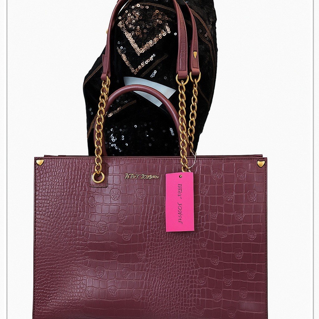 Betsey Johnson Plum Skull Embossed Croc Tote Bag – Gold Chain Straps – NWT