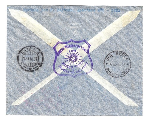 Peru 1937 Faucett First Flight Cover Lima-Buenos Aires Museo Postal Filatelico - Picture 3 of 3