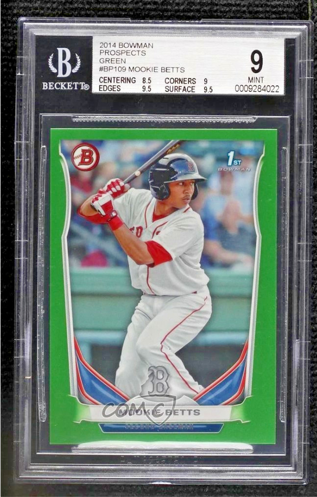 2014 Bowman 1st Prospect Rookie /199 Green Paper #BP109 Mookie Betts RC SP BGS 9 view 8