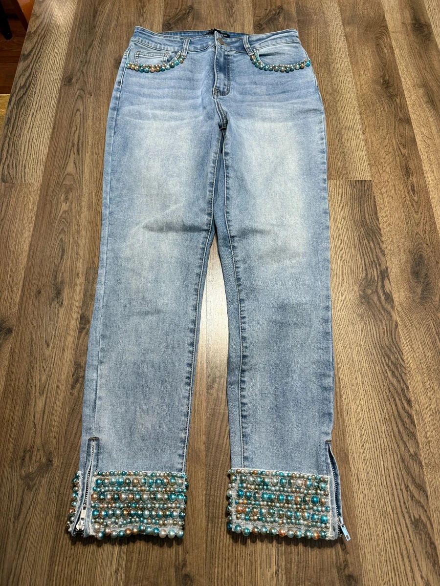 Jean Femme Boston Proper Brodé Strass Blanc - Taille 4, Denim Floral - Neuf Avec étiquettes