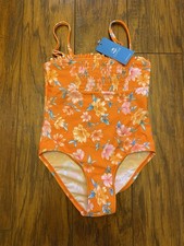 NWT Cupshe Bathing Suit Swimsuit Girls One Piece Orange Floral Ruched Size 4