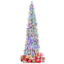 6 FT Pre-Lit Christmas Tree Snow Flocked Slim Pencil Xmas 11 Lighting Modes